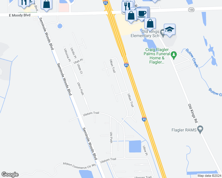 map of restaurants, bars, coffee shops, grocery stores, and more near 13 Ullman Court in Palm Coast