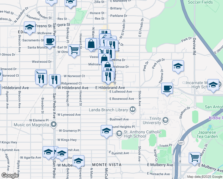 map of restaurants, bars, coffee shops, grocery stores, and more near 206a East Lullwood Avenue in San Antonio