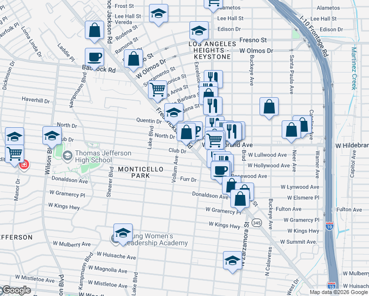 map of restaurants, bars, coffee shops, grocery stores, and more near 141 Club Drive in San Antonio