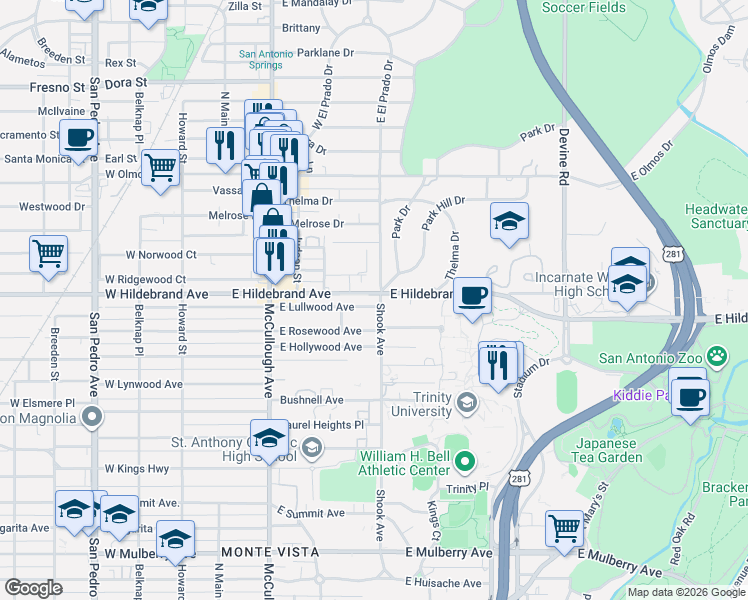 map of restaurants, bars, coffee shops, grocery stores, and more near 100 Park Hill Drive in San Antonio