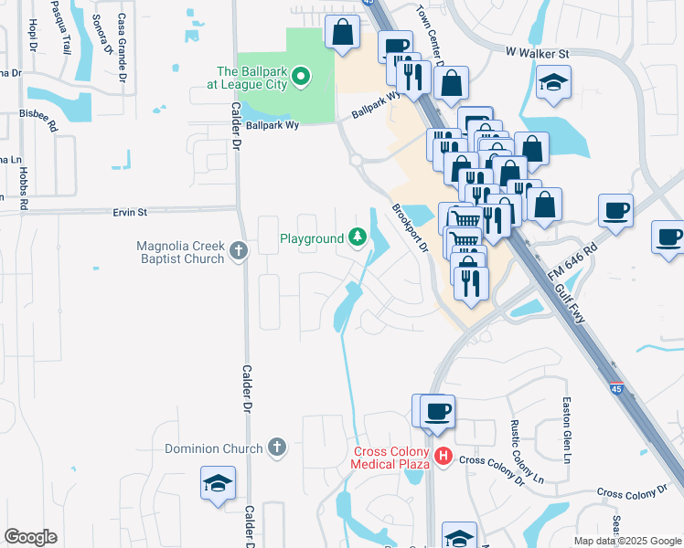 map of restaurants, bars, coffee shops, grocery stores, and more near 2827 Seastrand Lane in Dickinson