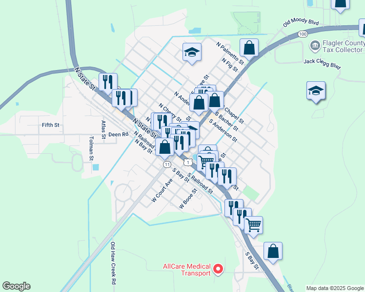 map of restaurants, bars, coffee shops, grocery stores, and more near 201 East Moody Boulevard in Bunnell