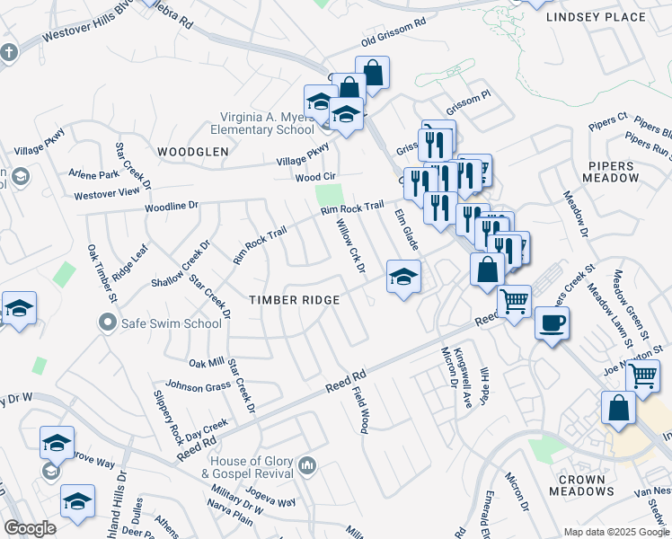map of restaurants, bars, coffee shops, grocery stores, and more near 8315 Meadow Post Street in San Antonio
