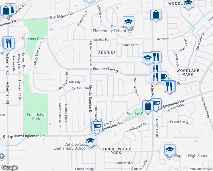 map of restaurants, bars, coffee shops, grocery stores, and more near 4134 Sunrise Point Drive in San Antonio