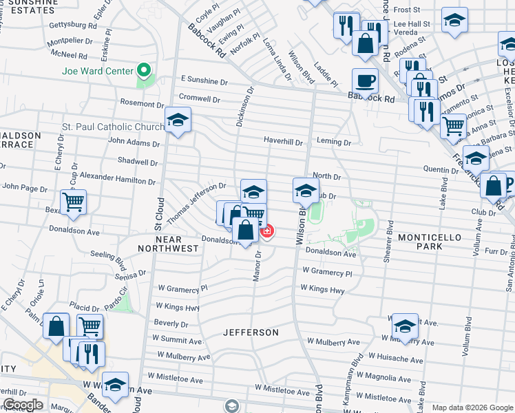 map of restaurants, bars, coffee shops, grocery stores, and more near 154 Alexander Hamilton Drive in San Antonio