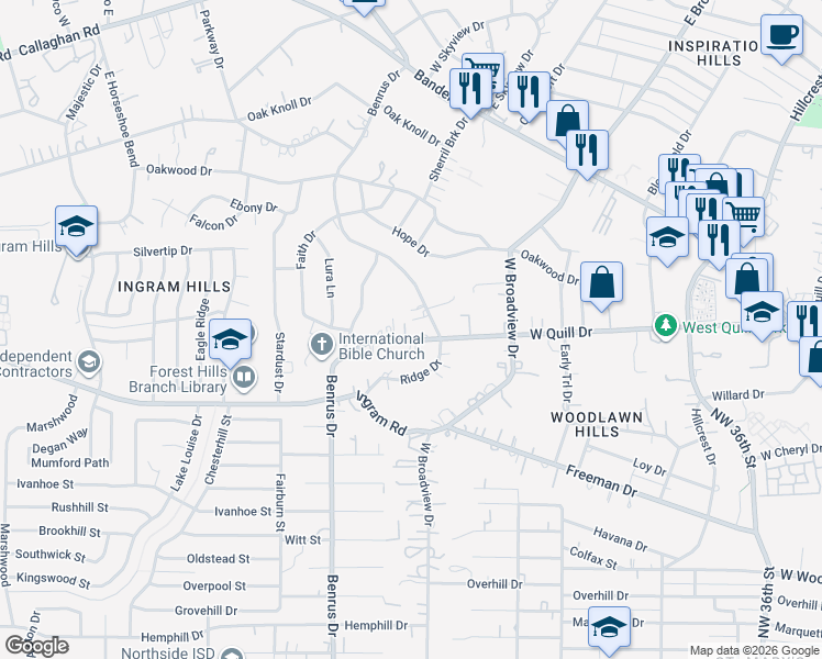 map of restaurants, bars, coffee shops, grocery stores, and more near 503 West Quill Drive in San Antonio