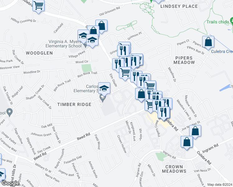 map of restaurants, bars, coffee shops, grocery stores, and more near 3200 Timber View Drive in San Antonio