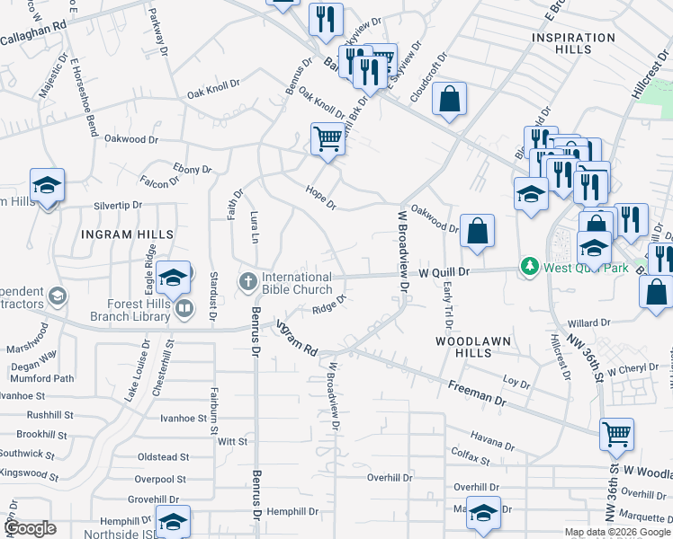 map of restaurants, bars, coffee shops, grocery stores, and more near 503 West Quill Drive in San Antonio