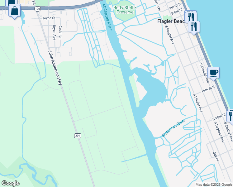 map of restaurants, bars, coffee shops, grocery stores, and more near 420 Palm Drive in Flagler Beach
