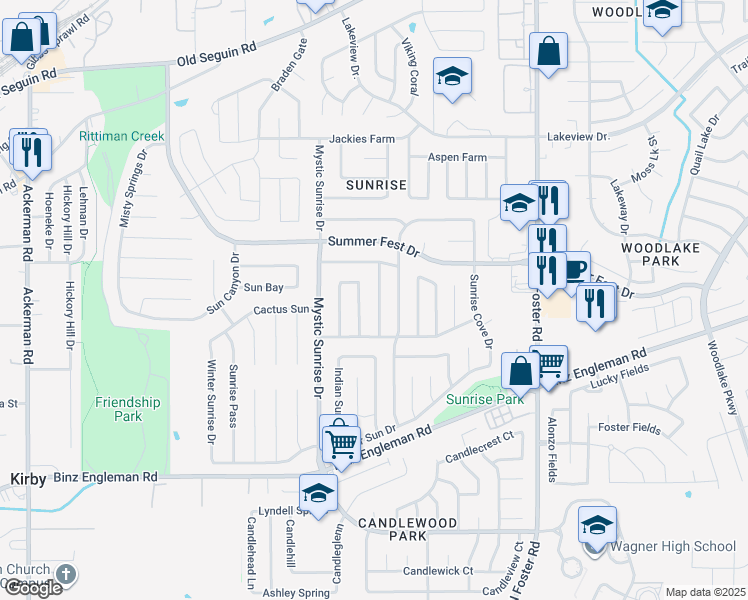 map of restaurants, bars, coffee shops, grocery stores, and more near 4134 Sunrise Point Drive in San Antonio