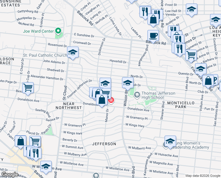 map of restaurants, bars, coffee shops, grocery stores, and more near 155 Alexander Hamilton Drive in San Antonio