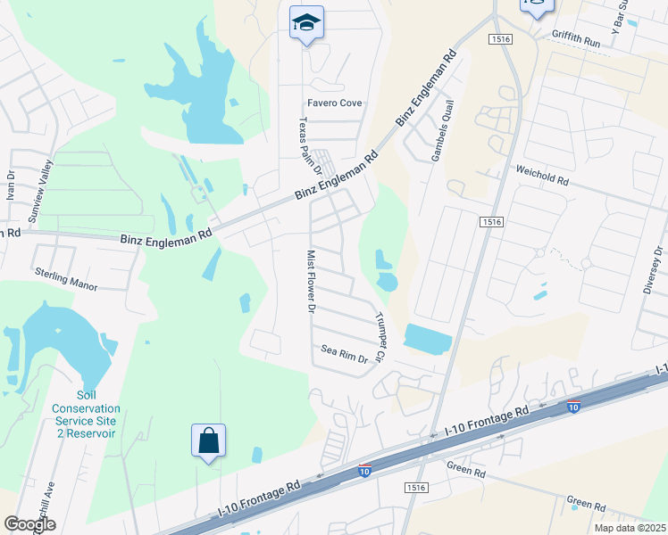 map of restaurants, bars, coffee shops, grocery stores, and more near 8427 Whitebrush in Converse