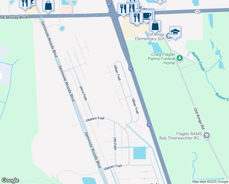 map of restaurants, bars, coffee shops, grocery stores, and more near 8 Ullman Court in Palm Coast