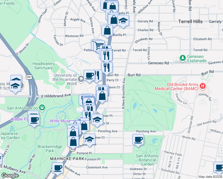 map of restaurants, bars, coffee shops, grocery stores, and more near 4306 Broadway in San Antonio