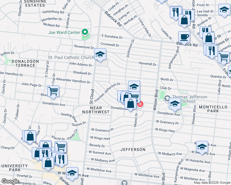 map of restaurants, bars, coffee shops, grocery stores, and more near 353 Meredith Drive in San Antonio