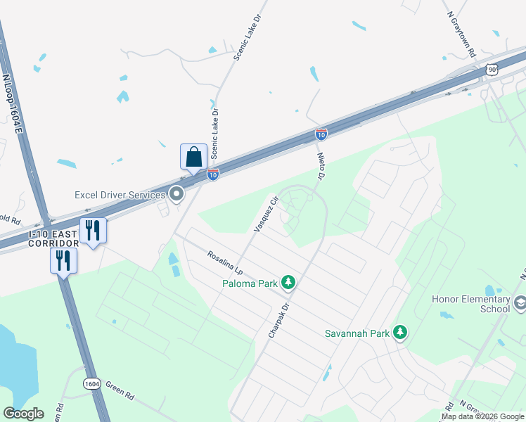 map of restaurants, bars, coffee shops, grocery stores, and more near 4331 Vasquez Circle in Converse