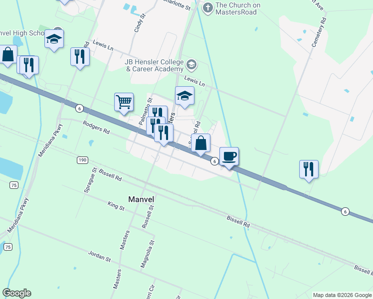 map of restaurants, bars, coffee shops, grocery stores, and more near 20310 Highway 6 in Manvel