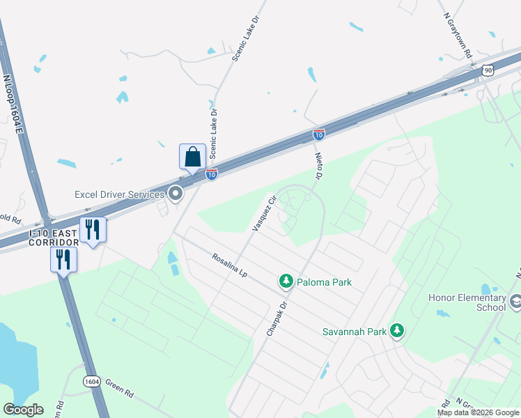 map of restaurants, bars, coffee shops, grocery stores, and more near 4331 Vasquez Circle in Converse