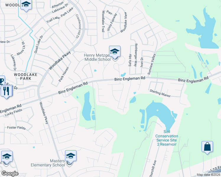 map of restaurants, bars, coffee shops, grocery stores, and more near 7423 Coral Bells Court in Converse