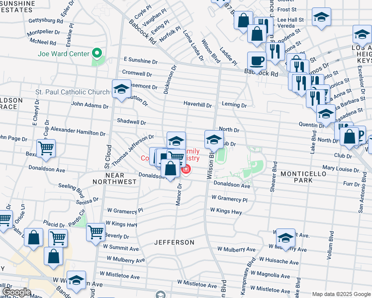 map of restaurants, bars, coffee shops, grocery stores, and more near 154 Alexander Hamilton Drive in San Antonio