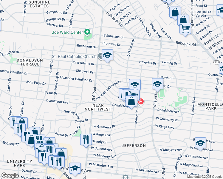 map of restaurants, bars, coffee shops, grocery stores, and more near 382 Meredith Drive in San Antonio