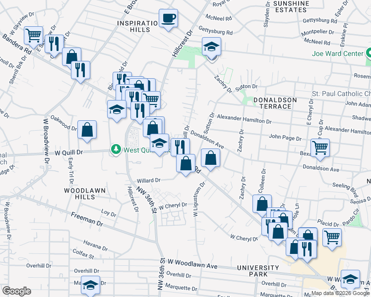 map of restaurants, bars, coffee shops, grocery stores, and more near 1427 Bandera Road in San Antonio