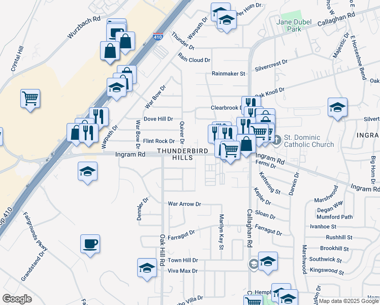 map of restaurants, bars, coffee shops, grocery stores, and more near 3024 Aspen Meadow in San Antonio