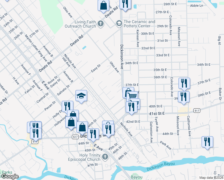 map of restaurants, bars, coffee shops, grocery stores, and more near 4031 Blueberry Court in Dickinson