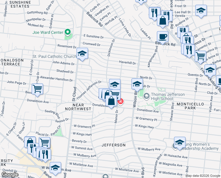 map of restaurants, bars, coffee shops, grocery stores, and more near 302 Alexander Hamilton Drive in San Antonio