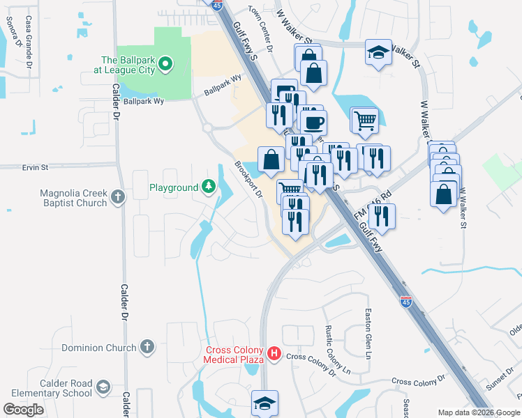 map of restaurants, bars, coffee shops, grocery stores, and more near 243 Harbor Bend Lane in Dickinson