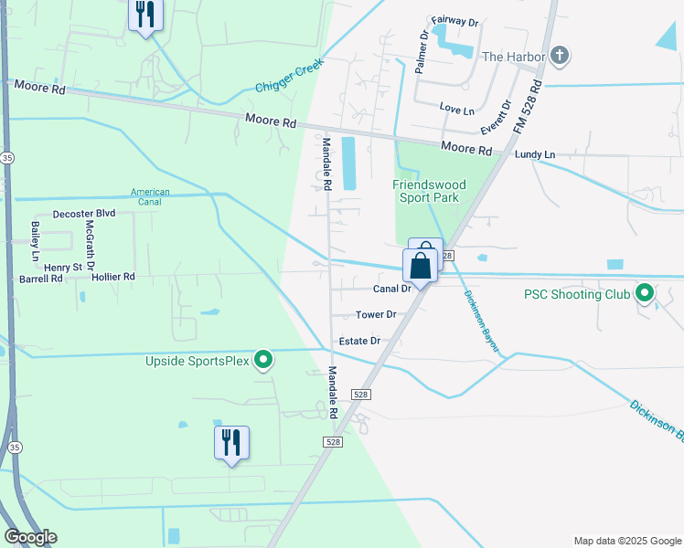 map of restaurants, bars, coffee shops, grocery stores, and more near 120 Canal Drive in Friendswood