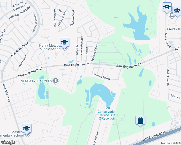 map of restaurants, bars, coffee shops, grocery stores, and more near 7630 Sterling Manor in San Antonio