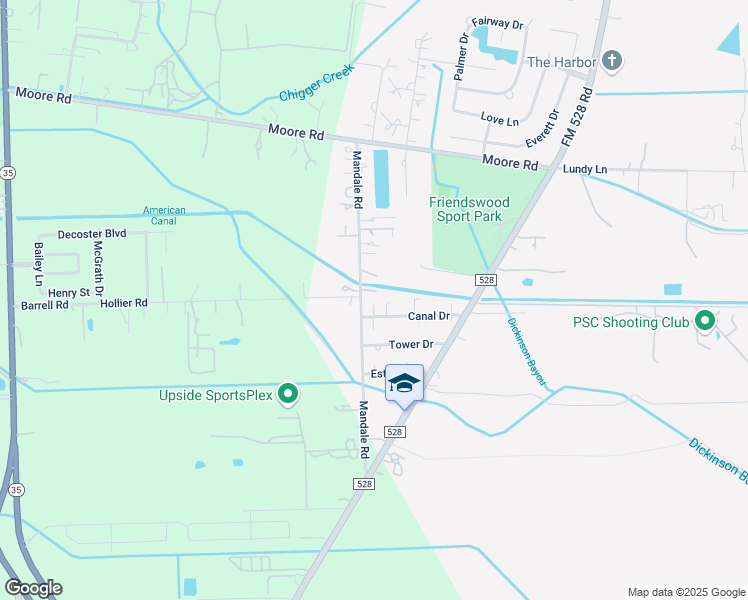 map of restaurants, bars, coffee shops, grocery stores, and more near 120 Canal Drive in Friendswood