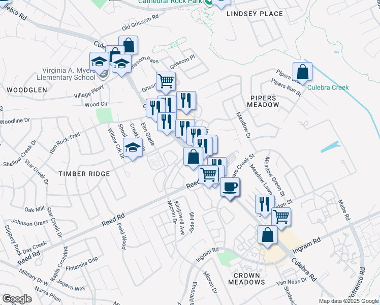 map of restaurants, bars, coffee shops, grocery stores, and more near Culebra Rd & Micron Dr in San Antonio