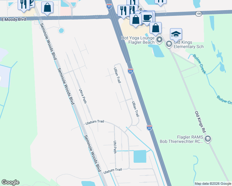 map of restaurants, bars, coffee shops, grocery stores, and more near 8 Ullman Court in Palm Coast