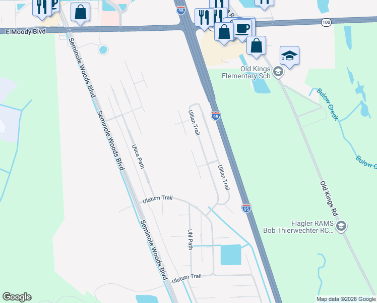 map of restaurants, bars, coffee shops, grocery stores, and more near 8 Ullman Court in Palm Coast