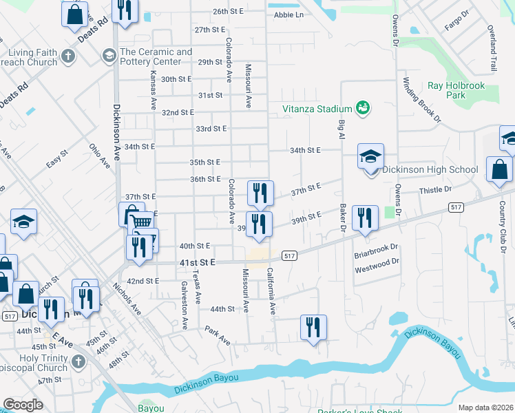 map of restaurants, bars, coffee shops, grocery stores, and more near 4822 38th Street East in Dickinson