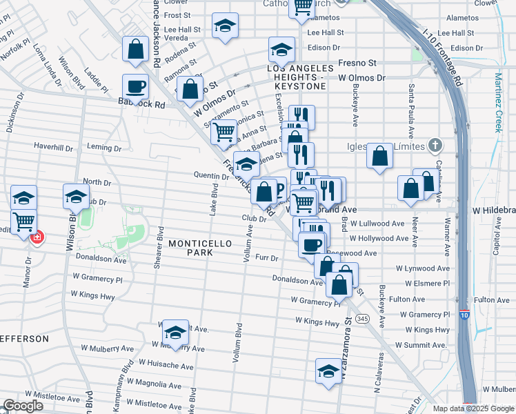 map of restaurants, bars, coffee shops, grocery stores, and more near 141 Club Drive in San Antonio