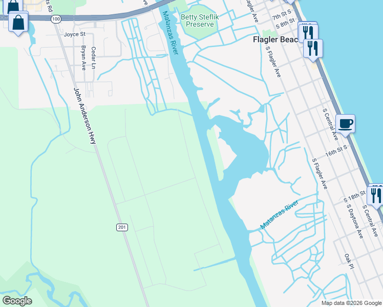 map of restaurants, bars, coffee shops, grocery stores, and more near 420 Palm Drive in Flagler Beach