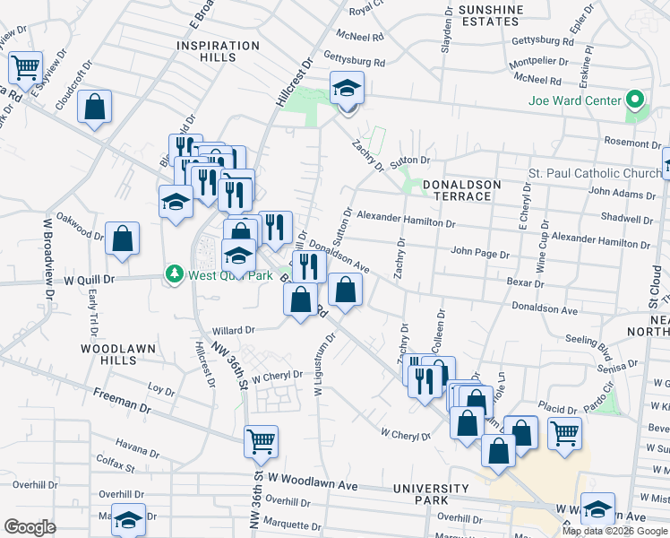 map of restaurants, bars, coffee shops, grocery stores, and more near 1304 Sutton Drive in San Antonio