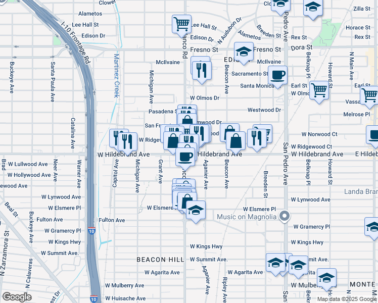map of restaurants, bars, coffee shops, grocery stores, and more near 837 West Hildebrand Avenue in San Antonio