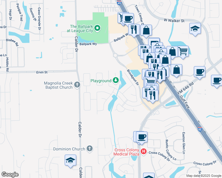 map of restaurants, bars, coffee shops, grocery stores, and more near 2827 Seastrand Lane in Dickinson