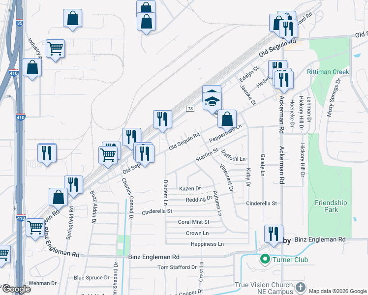 map of restaurants, bars, coffee shops, grocery stores, and more near 5115 Starfire Street in Kirby