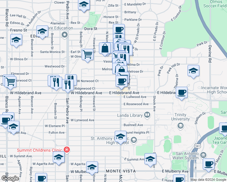 map of restaurants, bars, coffee shops, grocery stores, and more near 128e East Lullwood Avenue in San Antonio