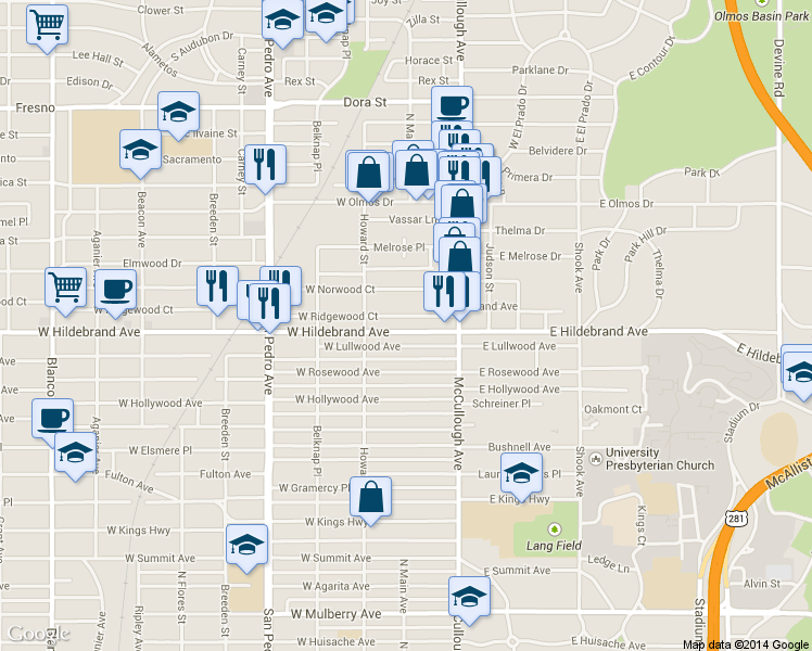map of restaurants, bars, coffee shops, grocery stores, and more near 109W West Lullwood Avenue in San Antonio