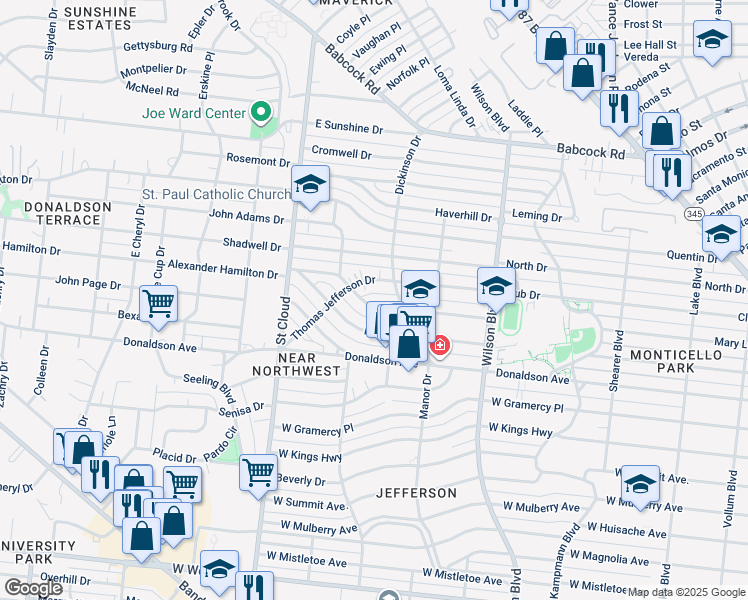 map of restaurants, bars, coffee shops, grocery stores, and more near 353 Meredith Drive in San Antonio