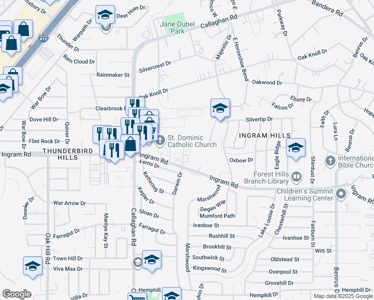 map of restaurants, bars, coffee shops, grocery stores, and more near 5803 Ingram Road in San Antonio