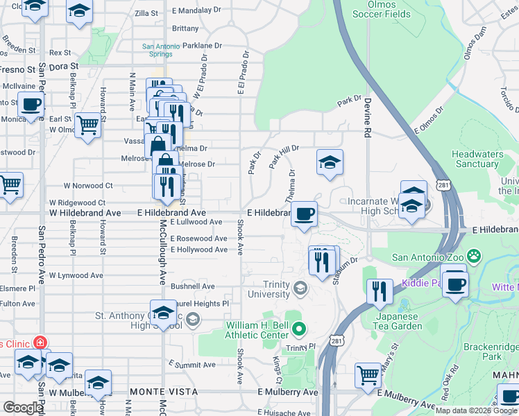 map of restaurants, bars, coffee shops, grocery stores, and more near 438 East Hildebrand Avenue in San Antonio