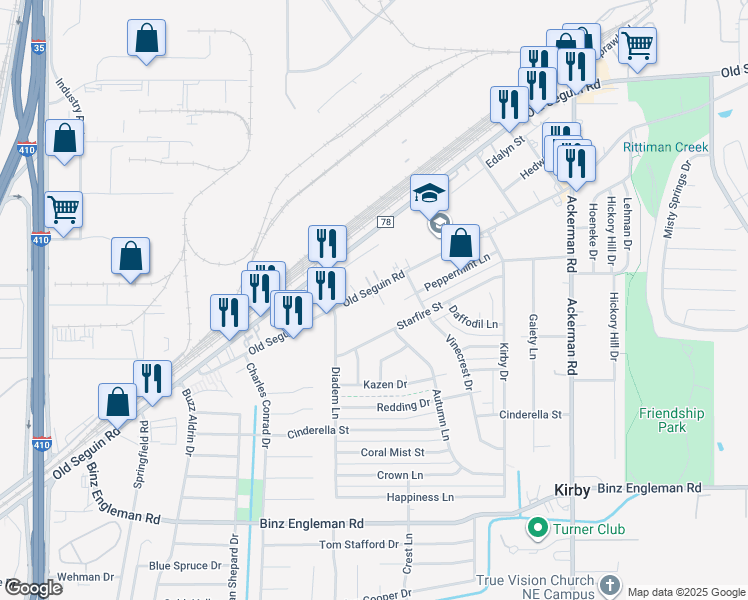 map of restaurants, bars, coffee shops, grocery stores, and more near 5115 Starfire Street in Kirby