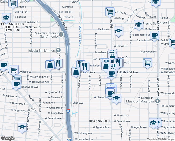 map of restaurants, bars, coffee shops, grocery stores, and more near 1114 West Hildebrand Avenue in San Antonio